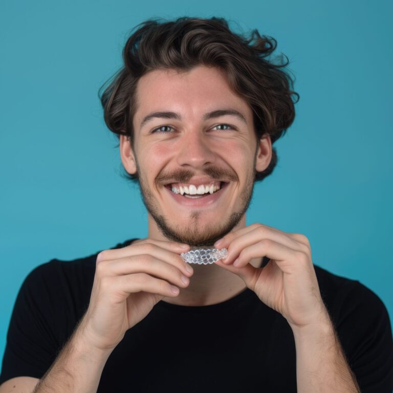 Caucasian man with invisible aligner for dental confidence.