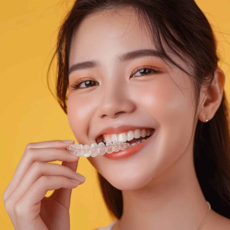 Dental invisible braces, beautiful smiling Asian young woman holding invisalign braces, wearing orthodontic silicone trainer, white smile using invisible whitening tray. Stomatology, dental healthcare
