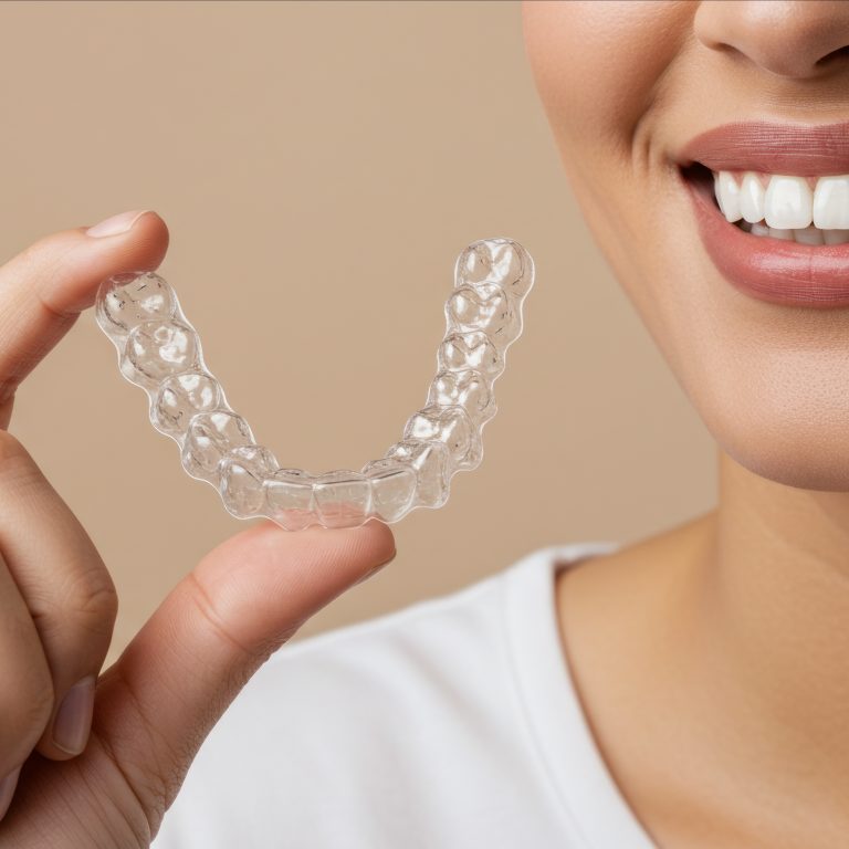 Person holding clear aligner.