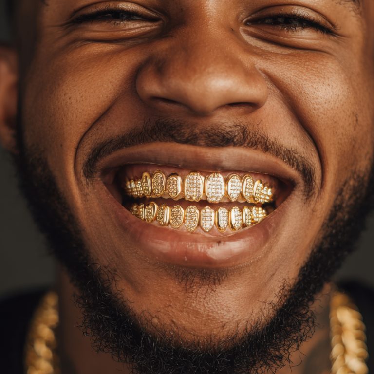 Man smiles widely showing gold grills during a close-up portrait session in a dimly lit studio setting