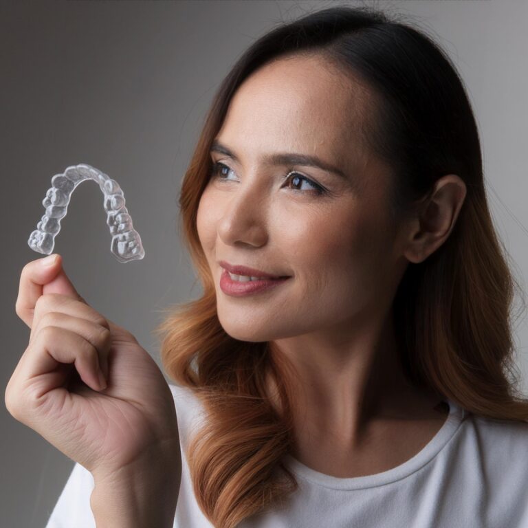 Invisalign aligners in hand