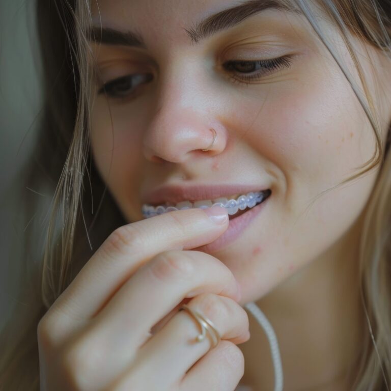 Woman applying invisible braces