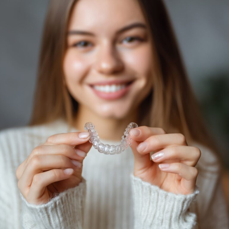 smiling woman hold in hand transparent aligners, dental braces