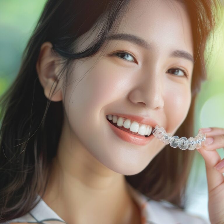 Dental invisible braces, beautiful smiling Asian young woman holding invisalign braces, wearing orthodontic silicone trainer, white smile using invisible whitening tray. Stomatology, dental healthcare