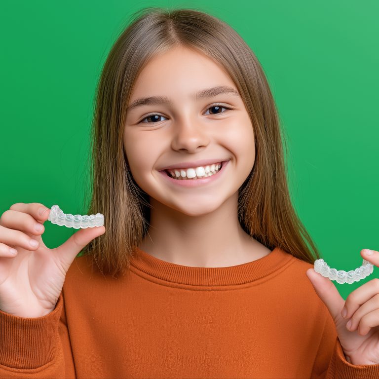 Smiling caucasian female child holding clear dental aligners on green background.
