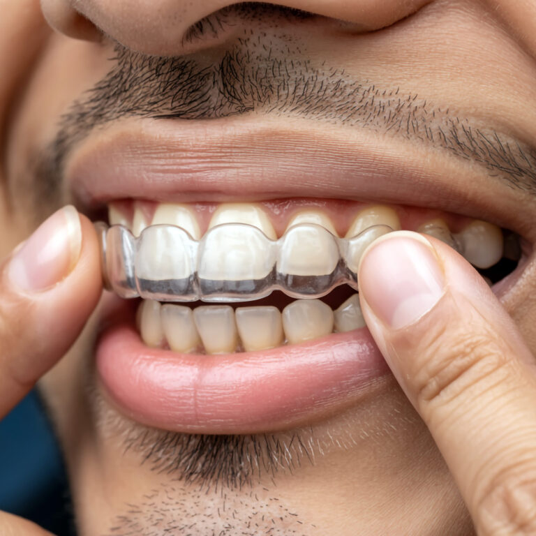 Close-up shows an Asian man putting a clear plastic teeth aligner on his upper teeth. Fingers are visible assisting for orthodontic treatment and teeth straightening.