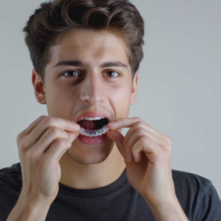 Young man with invisible aligner promotes dental healthcare and confidence.