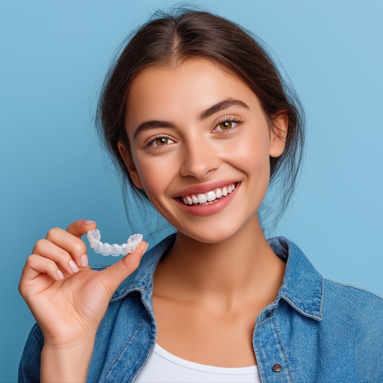 Smiling young caucasian female holding clear dental aligner on blue background.