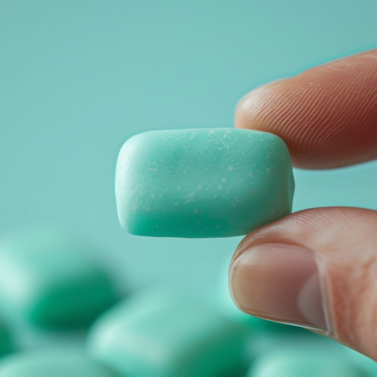 Close up of a sugar free chewing gum being chewed emphasizing its role in saliva production and enamel protection