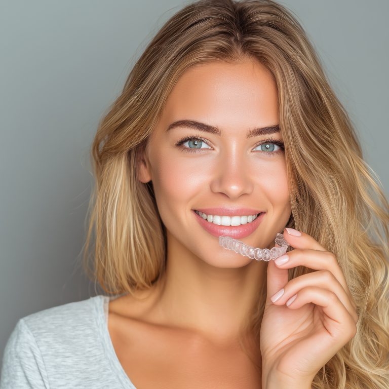 Young smiling woman hold in hand invisible transparent aligners, invisalign dental braces.